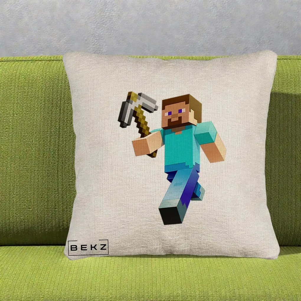 Perna Personalizata Minecraft Steve cu Tarnacop, 40x40 cm, Bej Canapea, Husa Detasabila, Perna Inclusa, BEKZ®