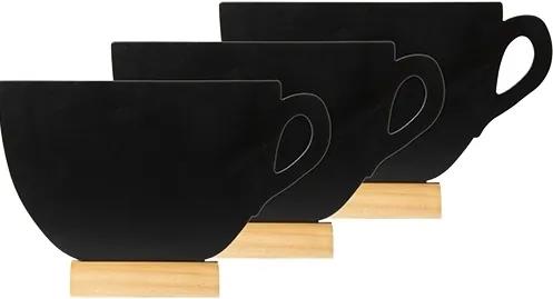 Set 3 mini table de scris Securit Silhouette Cup 9x13,5x2cm, forma ceasca, baza de lemn, marker creta inclus, negru