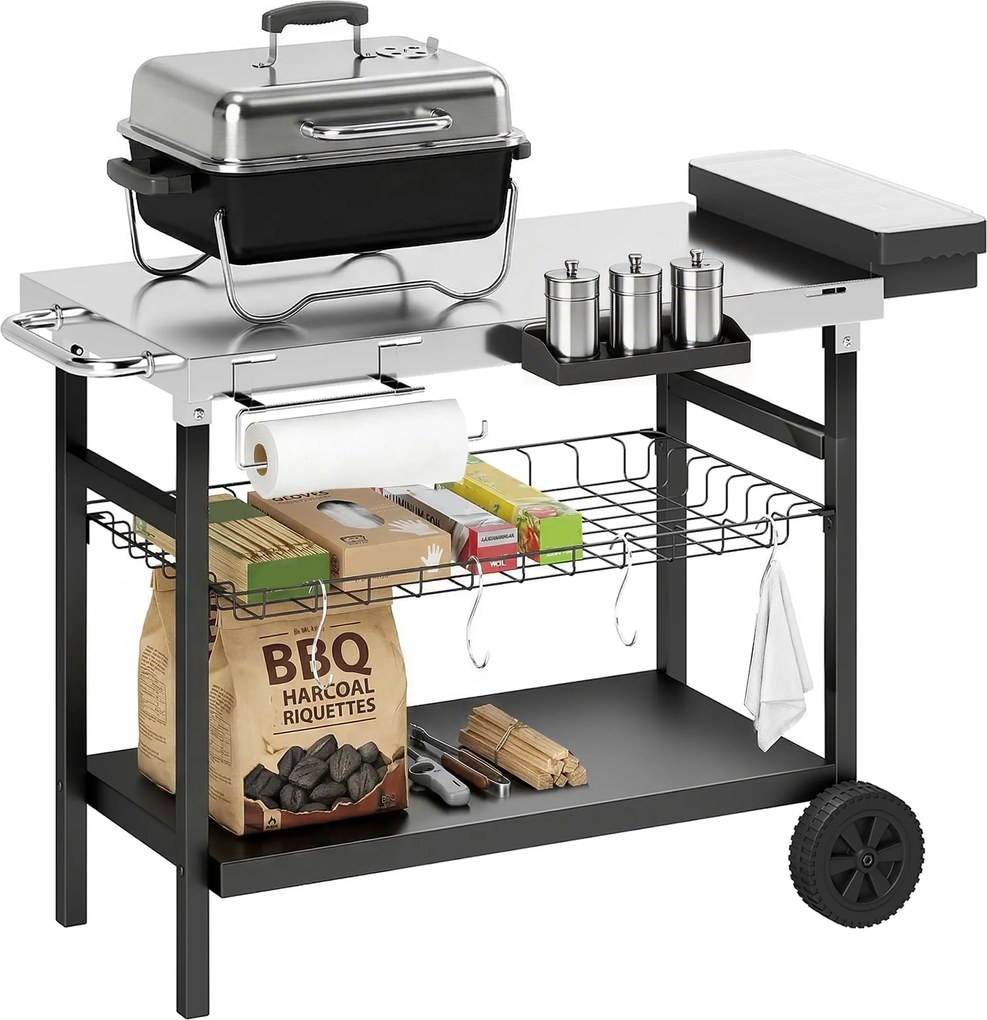 Outsunny Cărucior de grădină cu 3 niveluri, blat din inox, roți, cârlige, coș detașabil, mâner lateral, 114x61x81 cm, negru | Aosom Romania