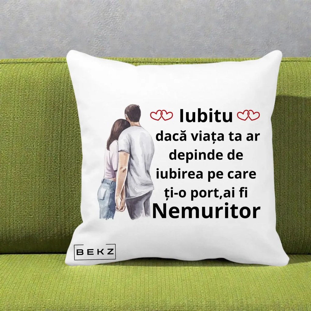 Cadou pentru Iubita - Perna Personalizata Iubitu Nemuritor cu Cuplu Acuarela si Inimi Rosii, 40x40 cm, Alba Mata, Husa Detasabila, Perna Inclusa, BEKZ®