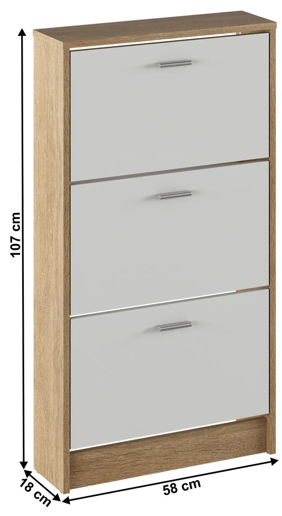Dulap pantofi, 3 rafturi, stejar sonoma/ alb, MOBI 13