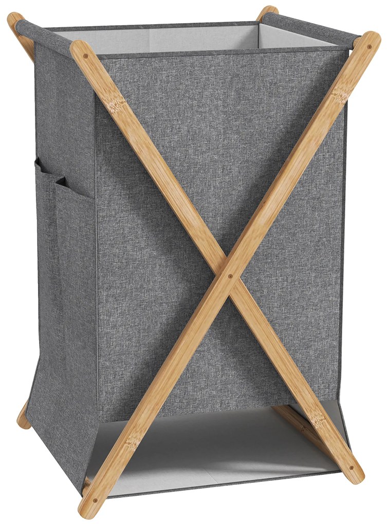 HOMCOM Coș Pliabil pentru Rufe 55L din Material Textil și Cadru din Bambus pentru Cameră și Spălătorie, 41x41x64 cm, Gri | Aosom Romania