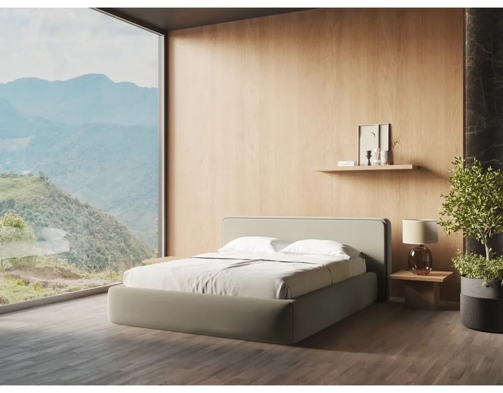 Pat matrimonial bej tapițat cu spațiu de depozitare cu somieră 180x200 cm Kiana – Makamii