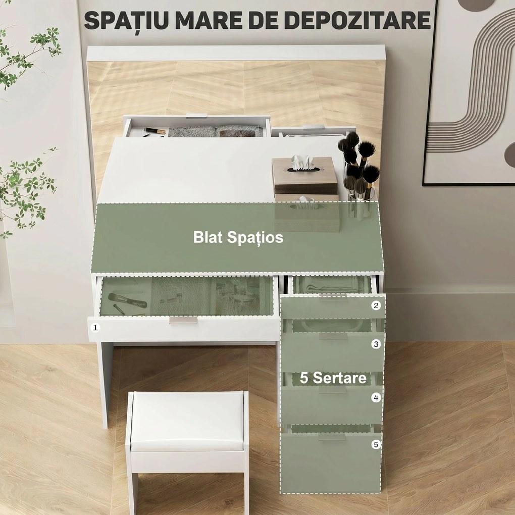 HOMCOM Set Masă de Toaletă cu Oglindă și 5 Sertare și Taburet de Machiaj Tapițat, 97,2x44,5x136,5 cm, Alb | Aosom Romania