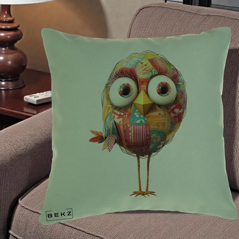 Perna Decorativa Pasare Patchwork cu Gene Lungi, 40x40 cm, Verde, Husa Detasabila, Perna Inclusa, BEKZ®