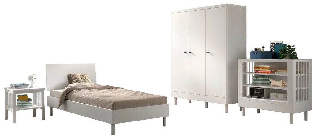 Set Complet Mobilier Camera Bebelusi Forrest Beech, Pat 90x200 cm, Dulap cu 3 Uși, Noptieră și Masă de înfășat, din Lemn de Fag Lăcuit Alb – Vipack