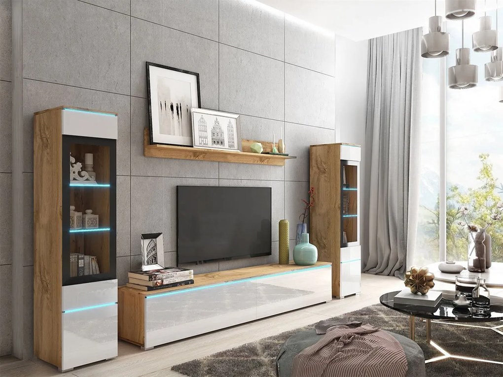 Mobilier living Selwyn II (wotan + Alb lucios ) (iluminat LED Alb). 1054053