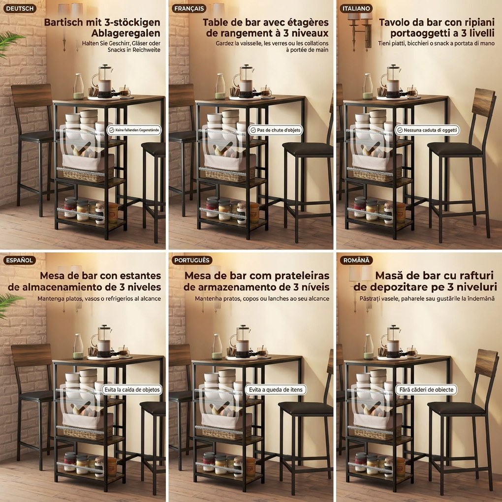 HOMCOM Masă de Bar cu 3 Rafturi și 2 Scaune cu Suport pentru Picioare și Spătar, din Lemn și Oțel, Negru și Nuc | Aosom Romania