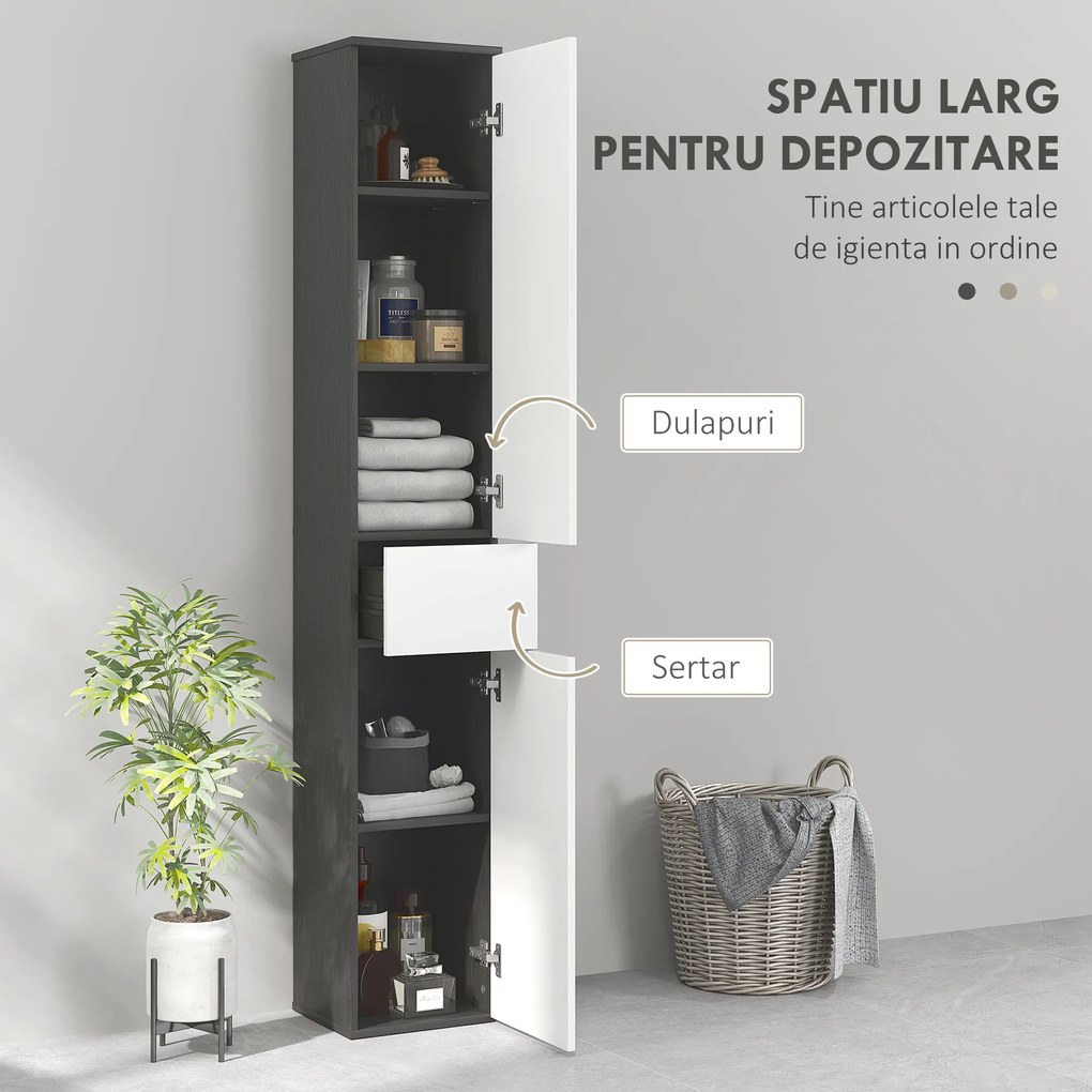 Kleankin Coloană de Baie Înaltă, Mobilier cu 2 Dulapuri, Sertar și Rafturi Reglabile din Lemn, 30x28x180 cm, Negru | Aosom Romania