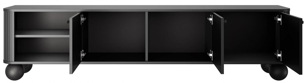 Comodă TV Vesper 187 cm cu 3 uși - negru / mânere negre / picioare sferice