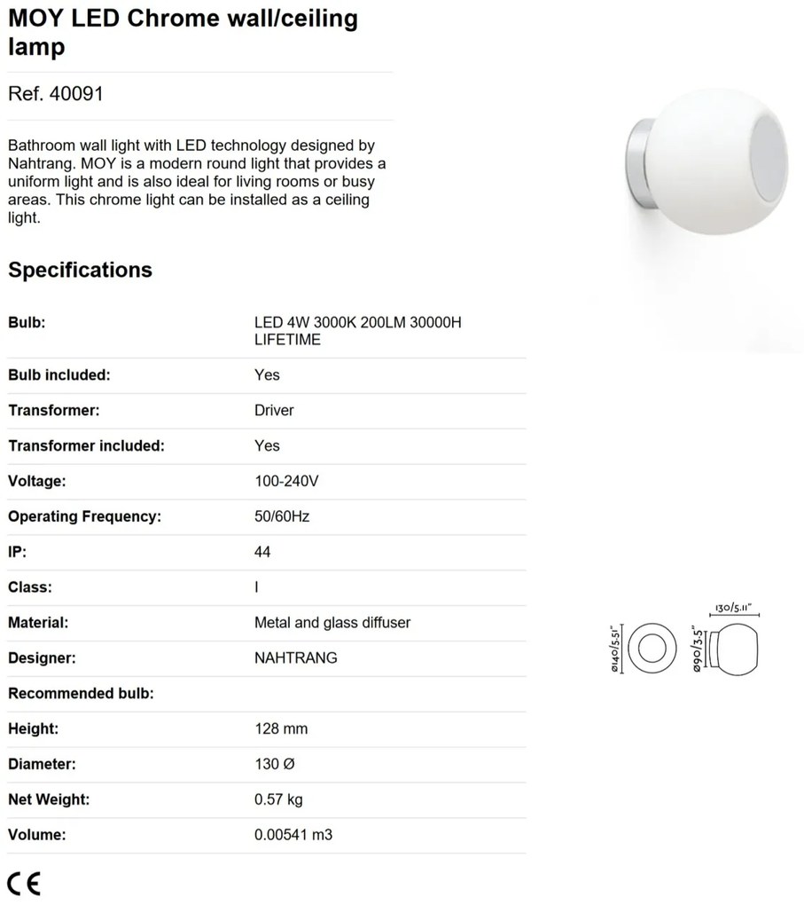 Aplica LED perete/tavan pentru baie IP44 MOY crom