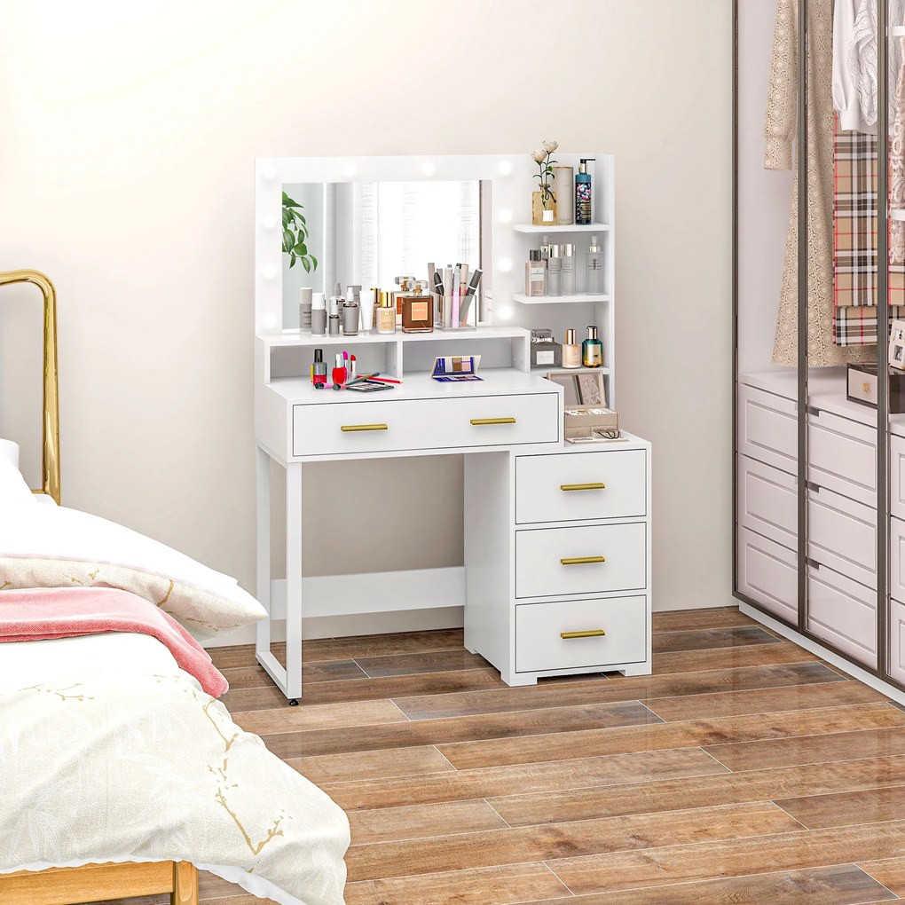 HOMCOM Masă de Machiaj Albă cu Oglindă, 4 Sertare și 6 Rafturi Deschise 100x40x138 cm | Aosom Romania