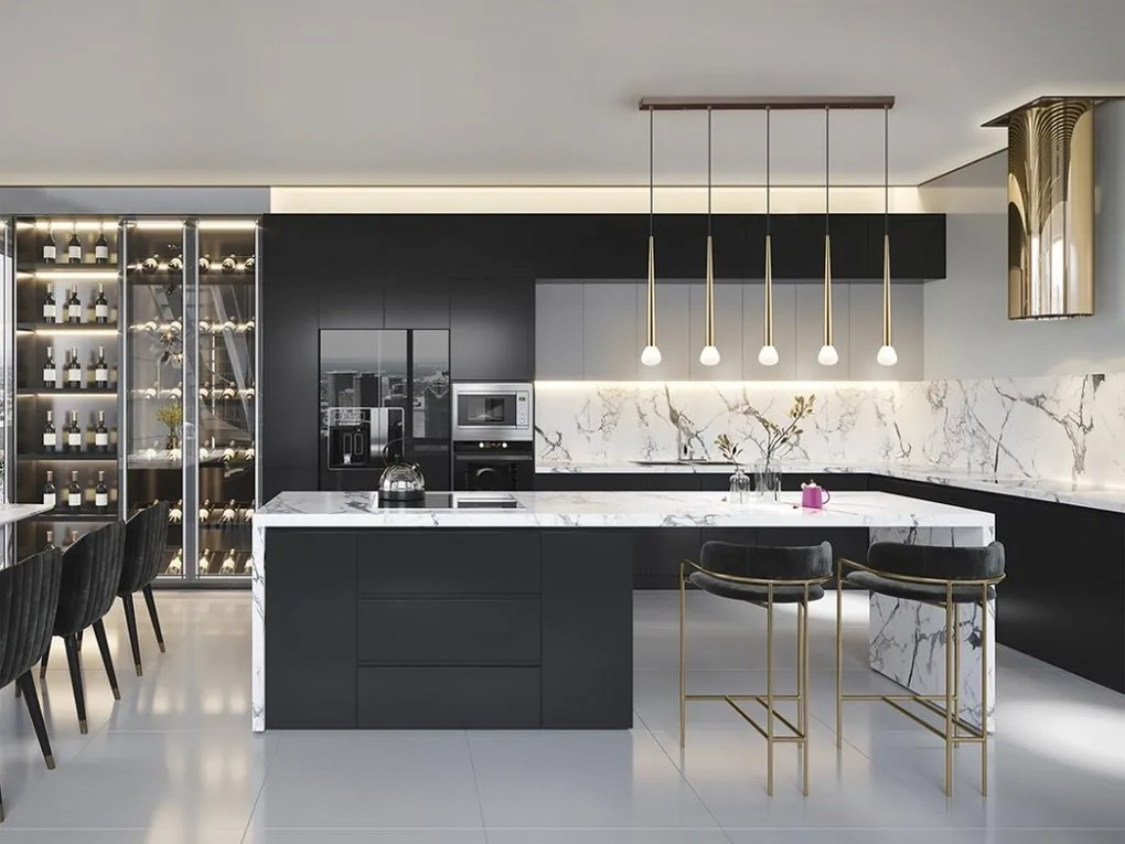 Lustra cu 5 pendule design modern Komet auriu/ cafeniu