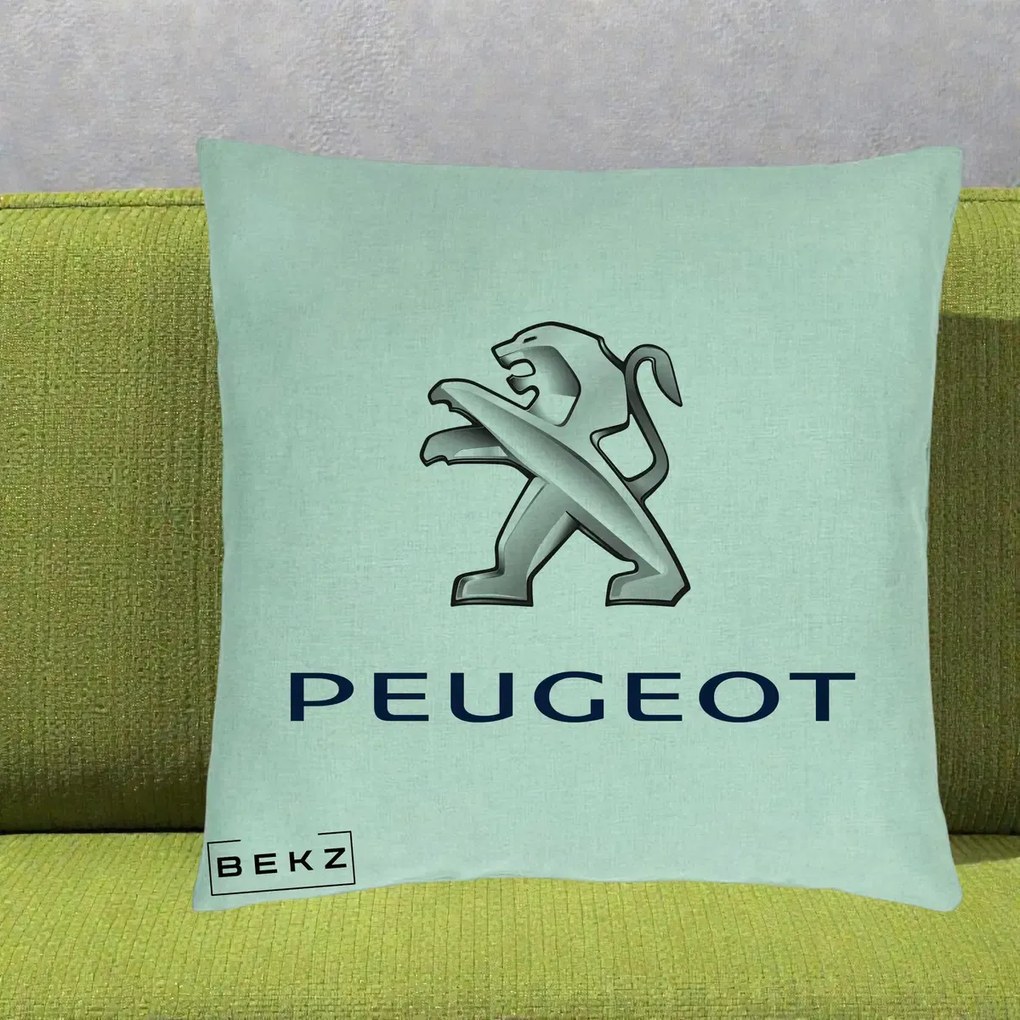 Perna Personalizata cu emblema Peugeot, 40x40 cm, Verde Menta, Husa Detasabila, Perna Inclusa, BEKZ®