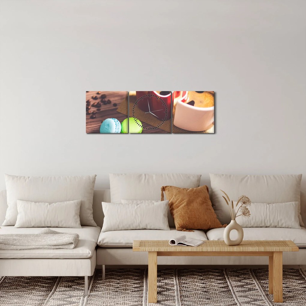 Tablou cu cafea și macarooni (cu ceas) (90x30 cm)