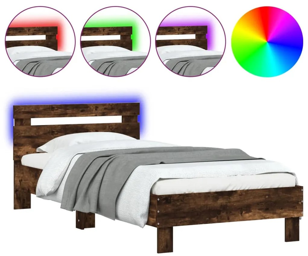 838754 vidaXL Cadru de pat cu tăblie și lumini LED, stejar fumuriu, 75x190 cm