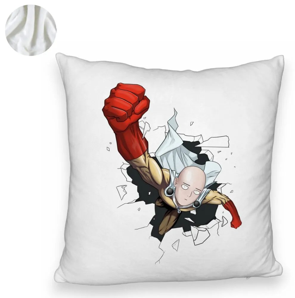 Perna Decorativa Fluffy cu One Punch man, 40x40 cm, Alba, Husa Detasabila, Burduf