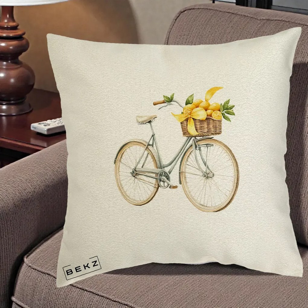 Perna Decorativa Bicicleta cu Cos de Lamai Mediteranean, 40x40 cm, Ecru, Husa Detasabila, Perna Inclusa, BEKZ®