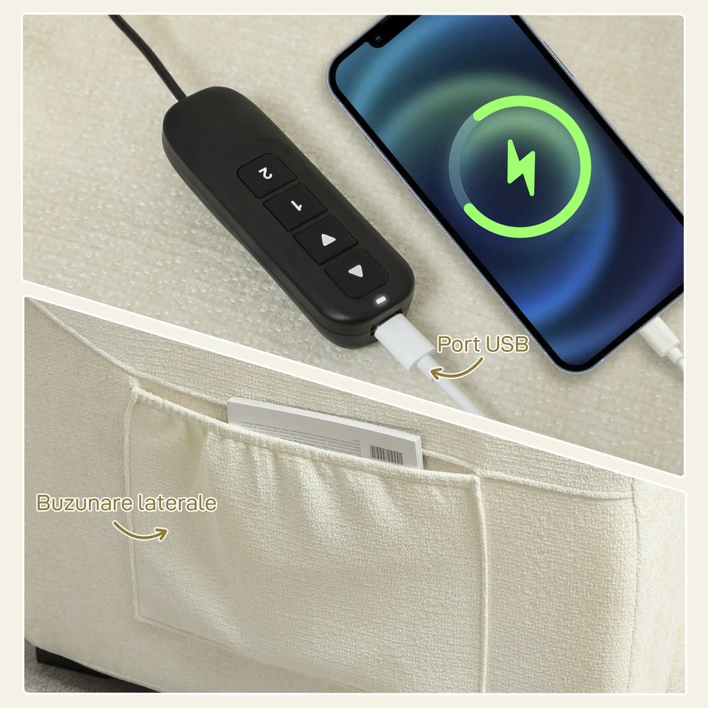 HOMCOM Fotoliu Relax Electric Reclinabil 150° cu Suport pentru Picioare, Șezut Spațios, Fotoliu Silențios, Port USB, Funcție Memory, Telecomandă, din Catifea, pentru Living, Alb | Aosom Romania