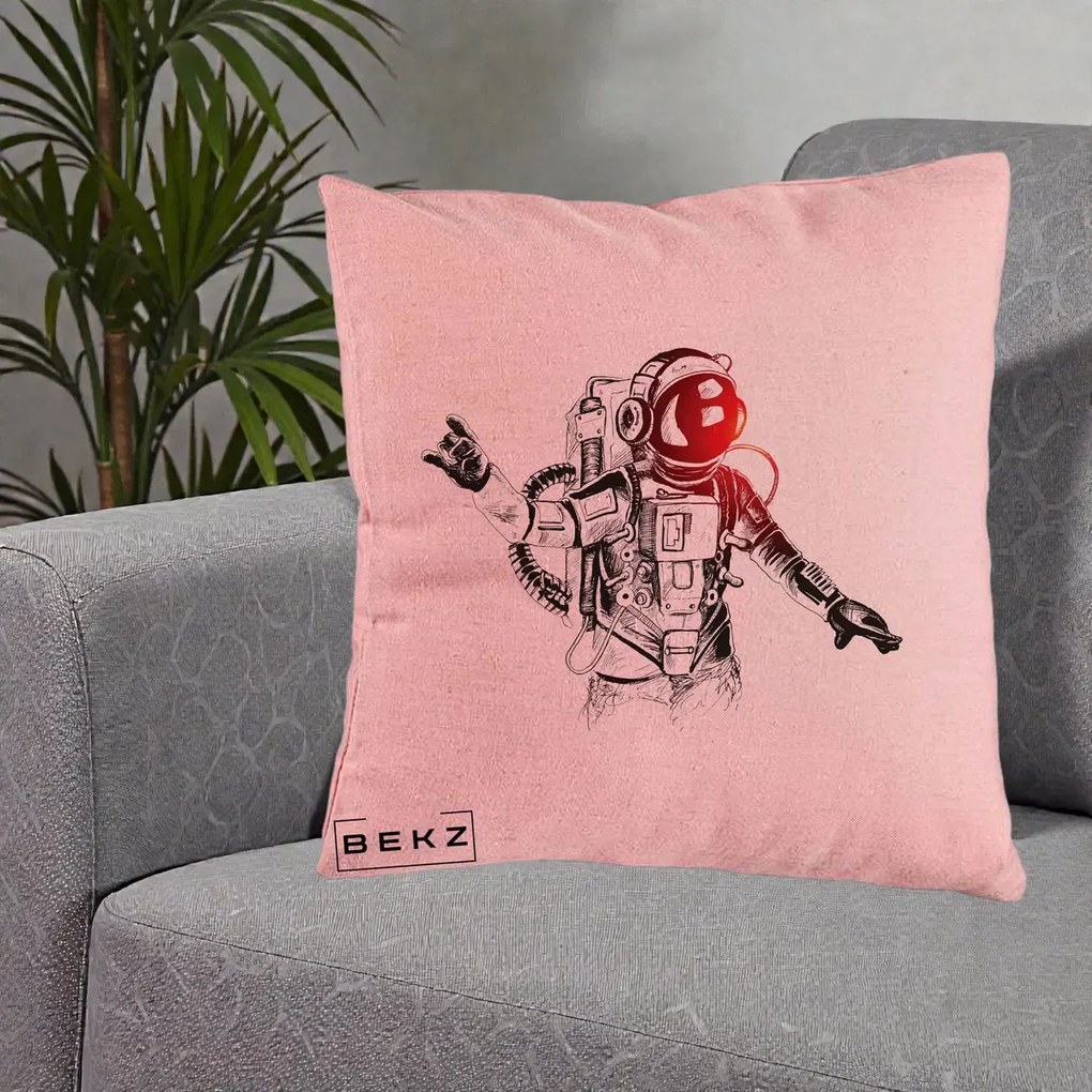 Perna Decorativa Astronaut Rock Sketching, 40x40 cm, Roz, Husa Detasabila, Perna Inclusa, BEKZ®