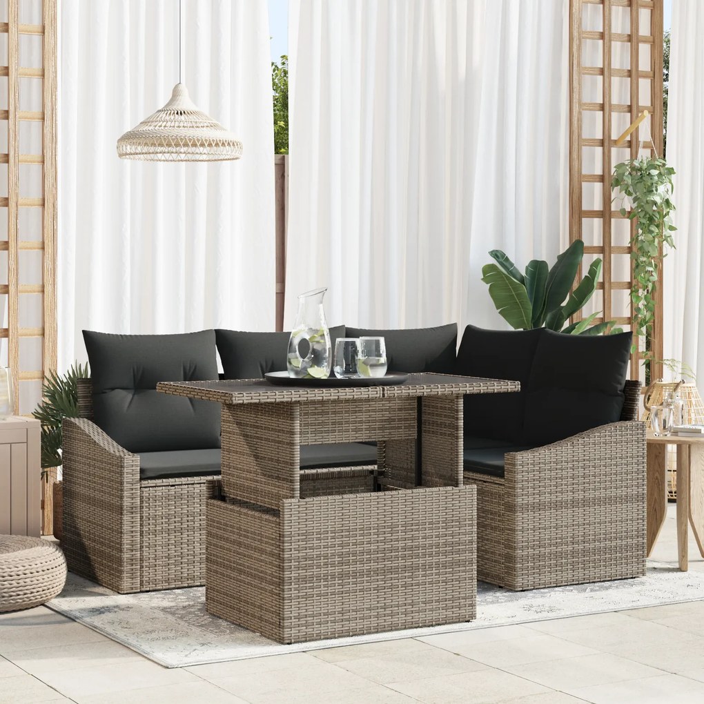 vidaXL Set de mobilier de grădină cu 5 piese, perne incluse, gri, din rattan poliuretan.