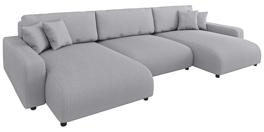 Colțar gri deschis extensibil, cu spațiu de depozitare, cu tapițerie din catifea reiată Sara – Ropez