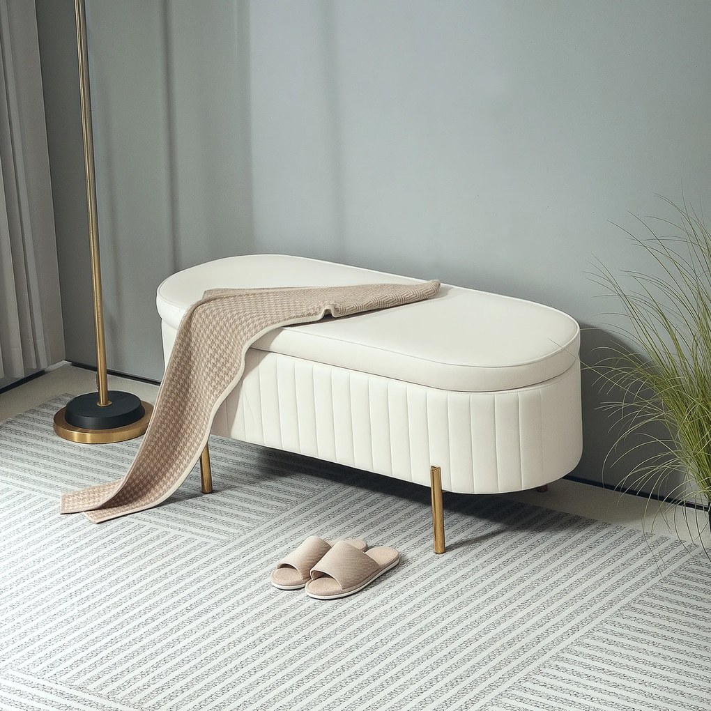 HOMCOM Bancă de Depozitare de Intrare Ovală 72L, Design Canelat cu Capac Rabatabil și Scaun Capitonat, Bancă de la Capătul Patului, Pouf, în Velur și cu Picioare din Lemn de Pin, 108x44x43.5 cm, Crem | Aosom Romania