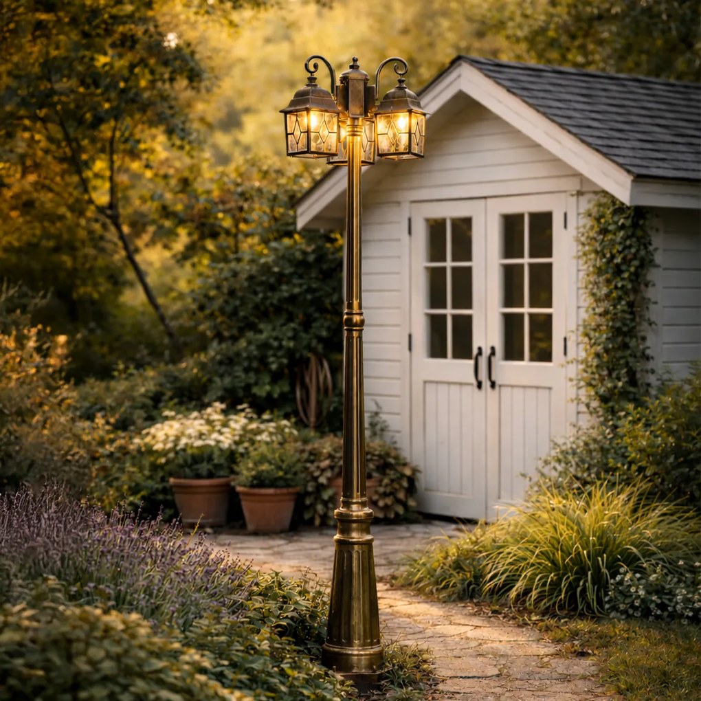 Felinar clasic de exterior auriu antic cu sticlă transparentă 198cm IP44 - London
