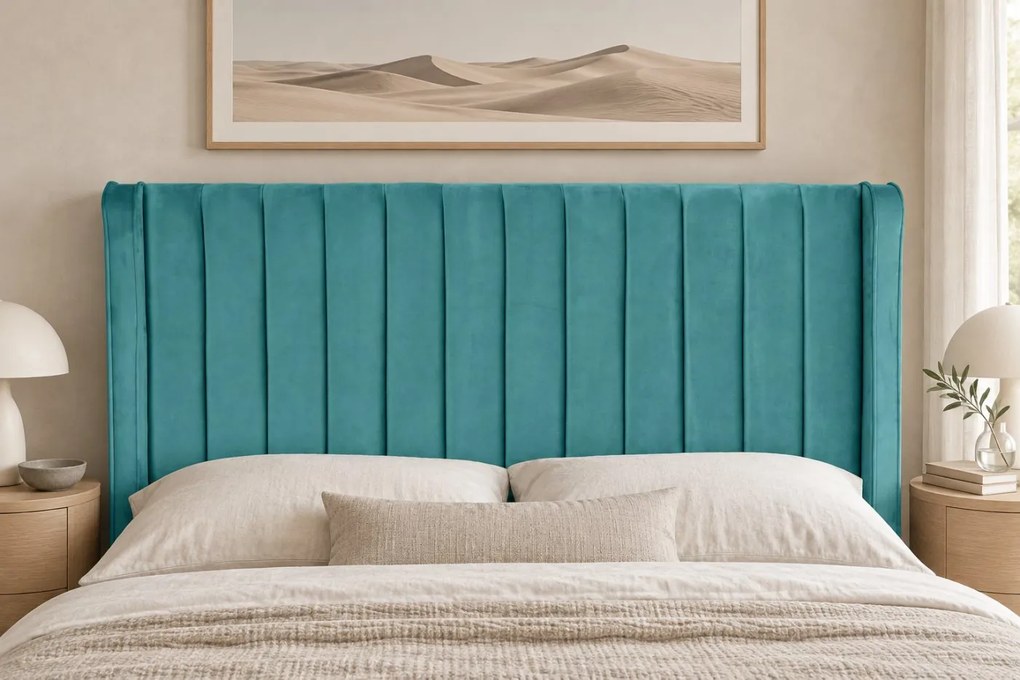 Pat tapițat din catifea Aurelia Simple 120×200 cm, albastru deschis, cu ladă de depozitare