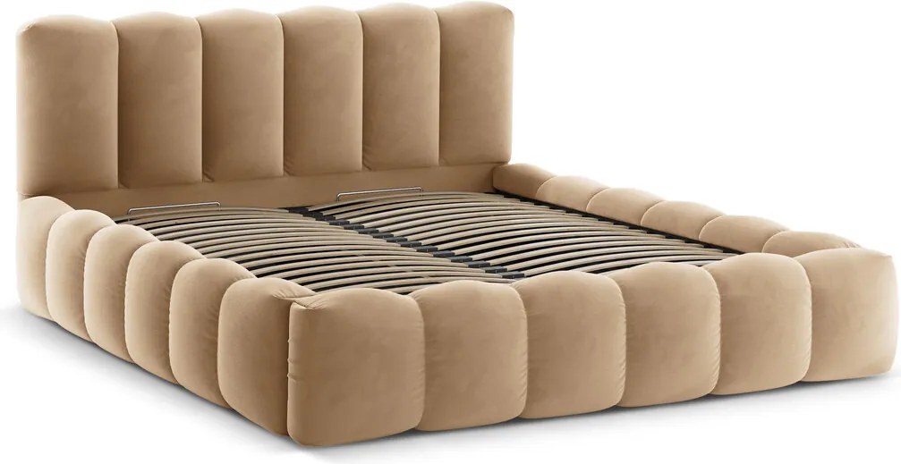 Pat tapitat cu somiera rabatabila si lada depozitare, 140x200 cm, Micadoni Home, Lupine-88, catifea, bej sand
