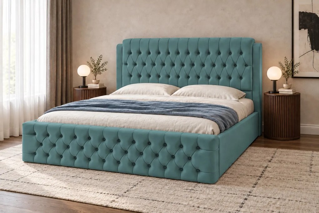 Pat tapițat din catifea Aveline 140×200 cm, verde marin, cu ladă de depozitare