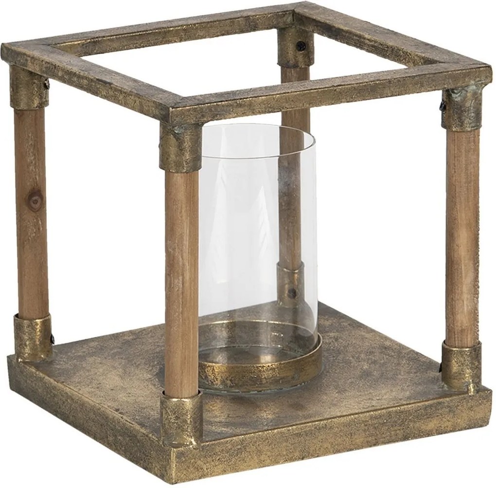 Suport lumanare din metal auriu lemn natur cu pahar de sticla 20 cm x 20 cm x 20 h