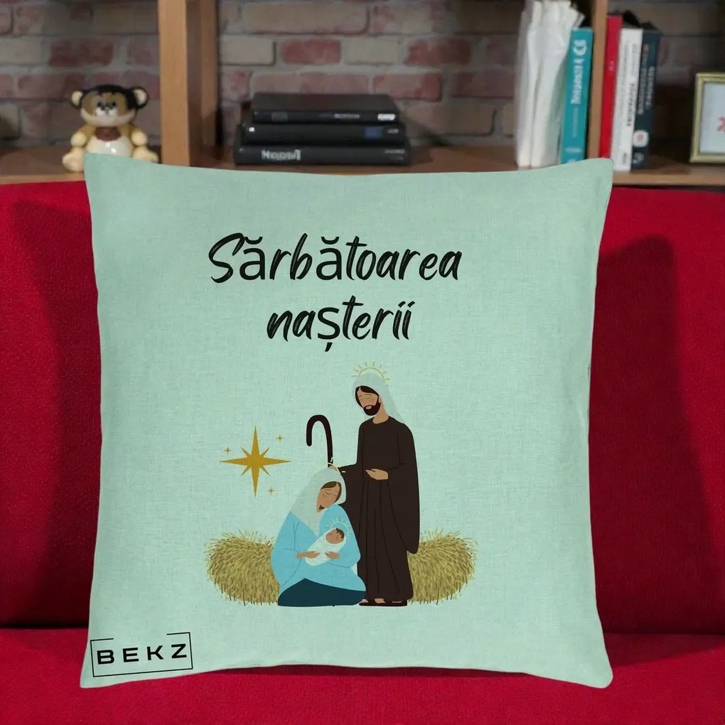 Perna Decorativa Nasterea Domnului Sfanta Familie Sarbatoarea Nasterii, 40x40 cm, Verde Menta, Husa Detasabila, Perna Inclusa, BEKZ®
