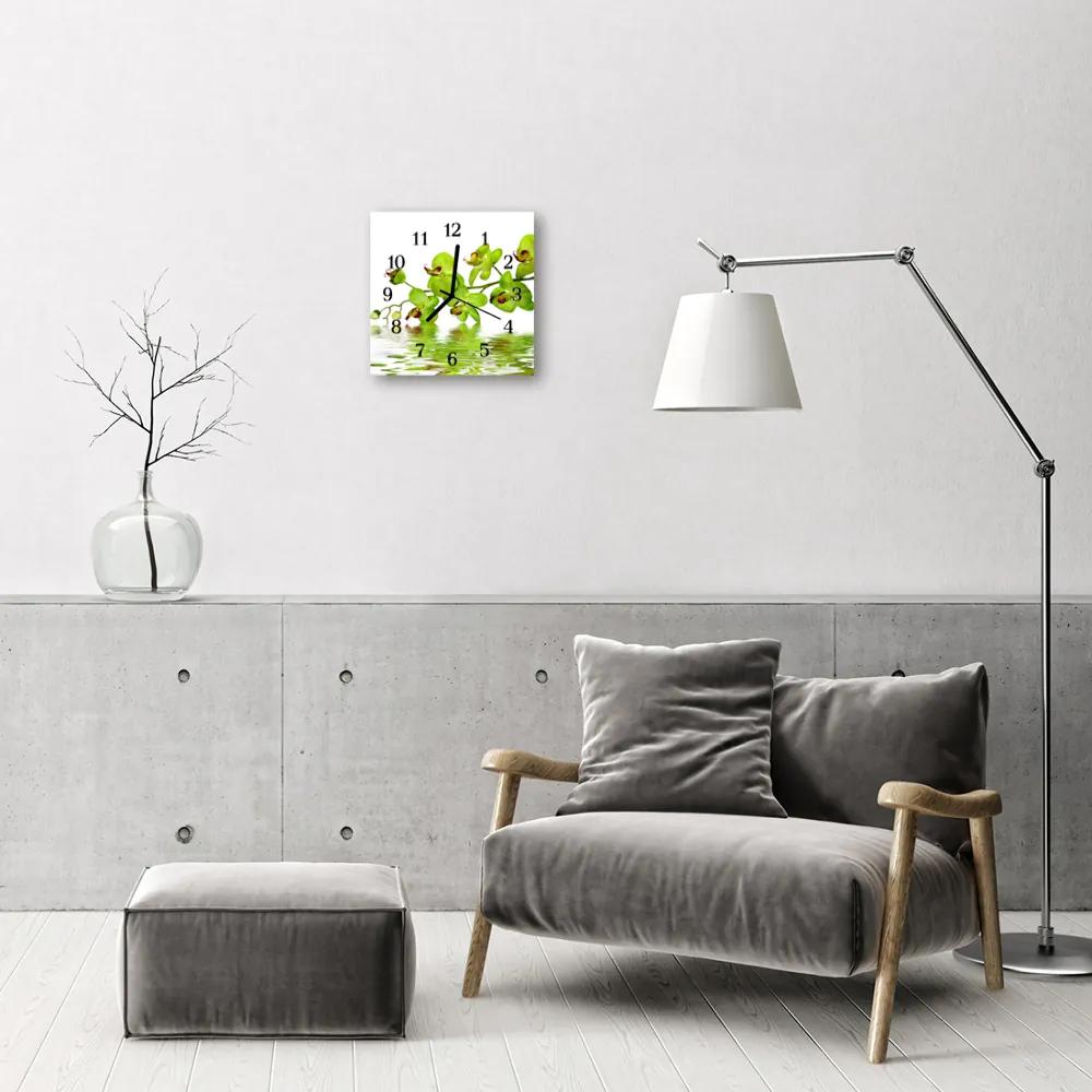 Ceas de perete din sticla pătrat Orchid Flori și plante verzi