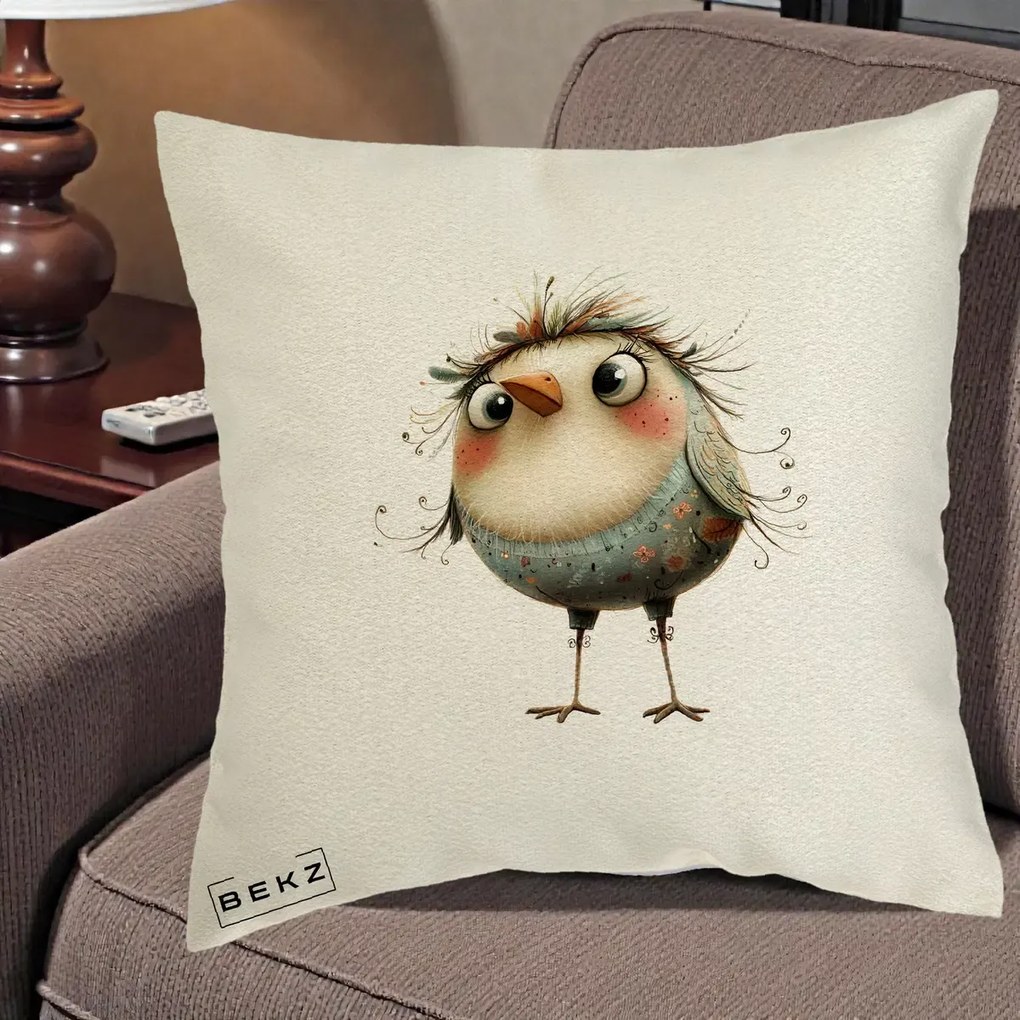 Perna Decorativa Pasare cu Penaj Zbarlit si Gene, 40x40 cm, Ecru, Husa Detasabila, Perna Inclusa, BEKZ®