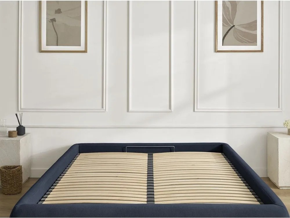 Pat matrimonial albastru închis tapițat cu spațiu de depozitare/fără tăblie cu somieră 180x200 cm Inera – Bobochic Paris