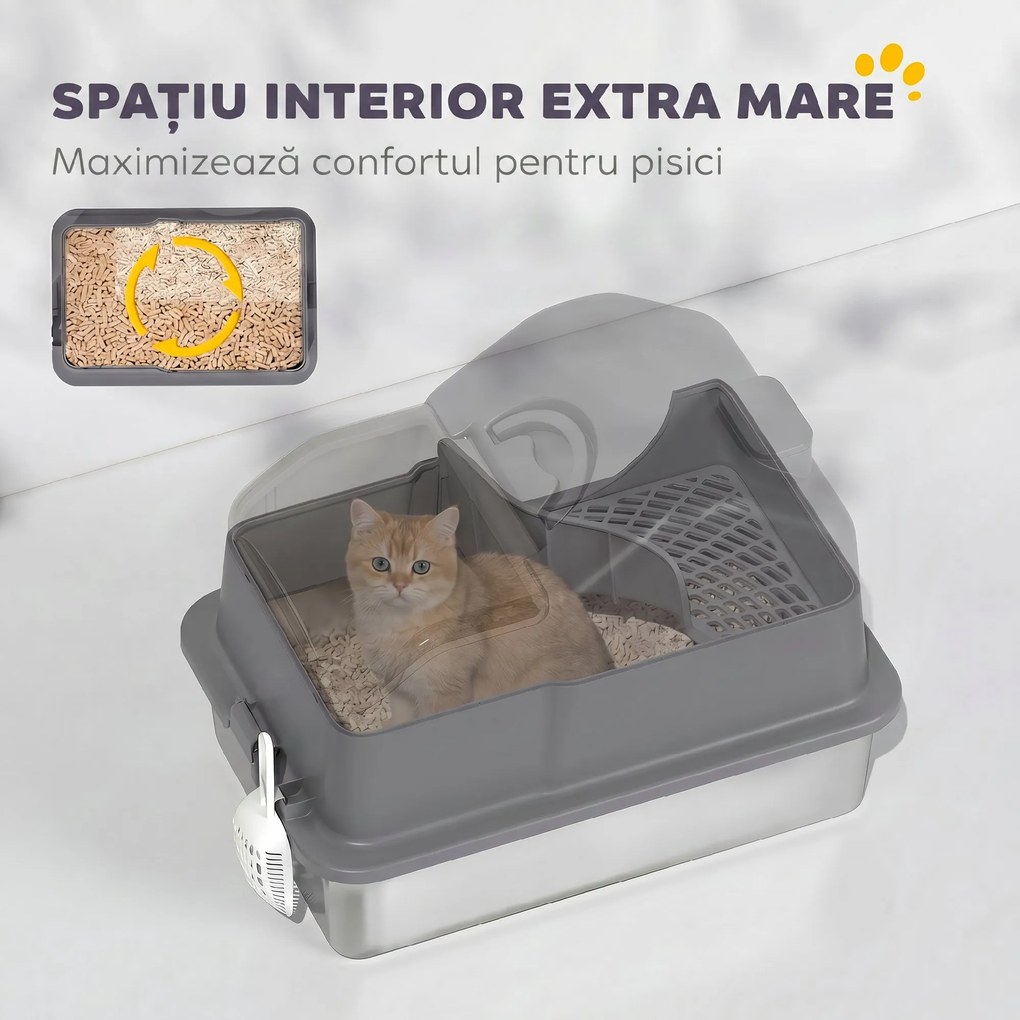 PawHut Litieră Pisici XL Închisă din Oțel Inoxidabil cu Capac, Paletă și Covoraș Colector Nisip, Gri Închis | Aosom Romania