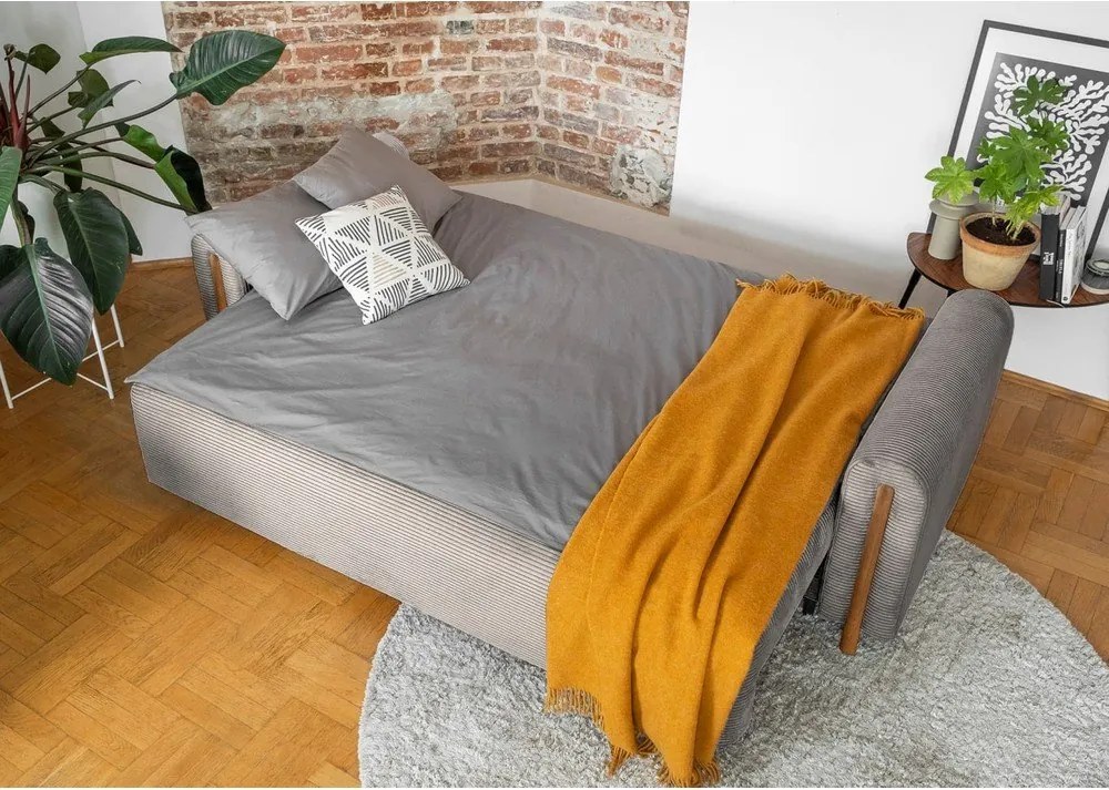 Canapea maro deschis extensibilă/cu spațiu de depozitare cu tapițerie din catifea reiată 244 cm Arcadova – ELTAP