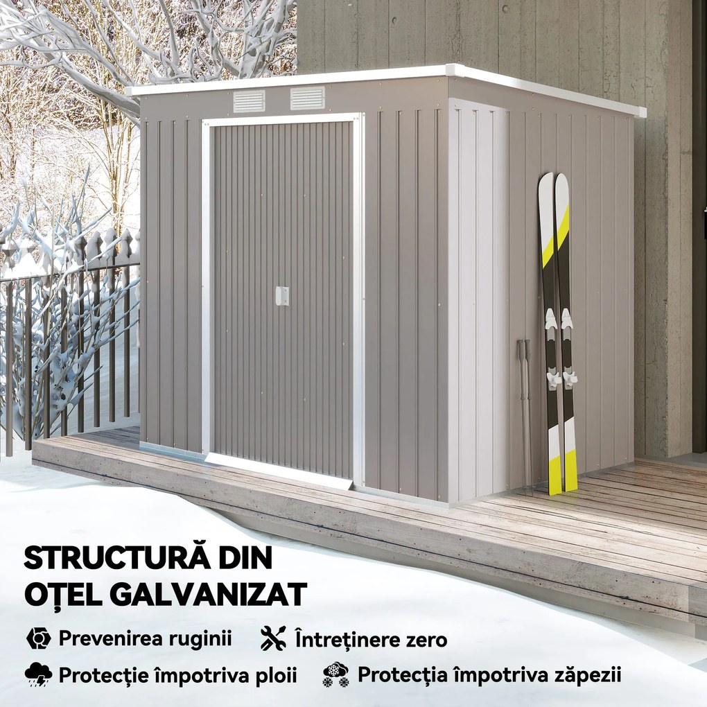 Outsunny Magazie Grădină pentru Unelte cu Acoperiș Înclinat, Metalică, Ușă Dublă și Fante de Ventilație, 213x130x172 cm | Aosom România