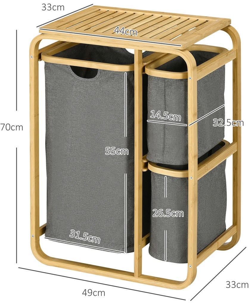 HOMCOM Coș de rufe cos de depozitare coș de rufe murdare din bambus 3 coșuri - 49l x 33P x 70H cm gri | Aosom Romania