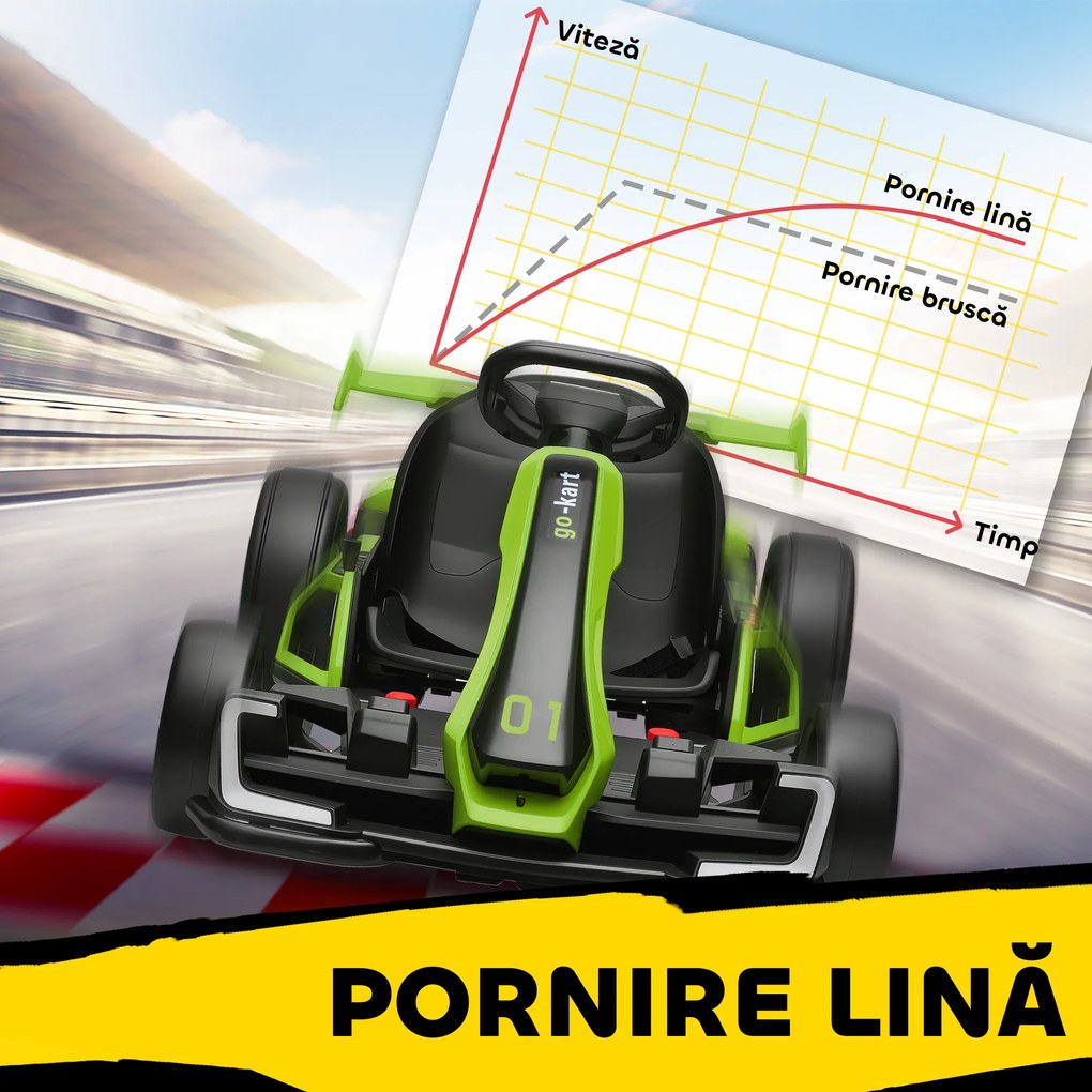 HOMCOM Go Kart Electric pentru Copii cu Scaun Reglabil, 2 Motoare, Claxon, Lumini și Muzică, 120x76x53,5 cm, Verde | Aosom Romania