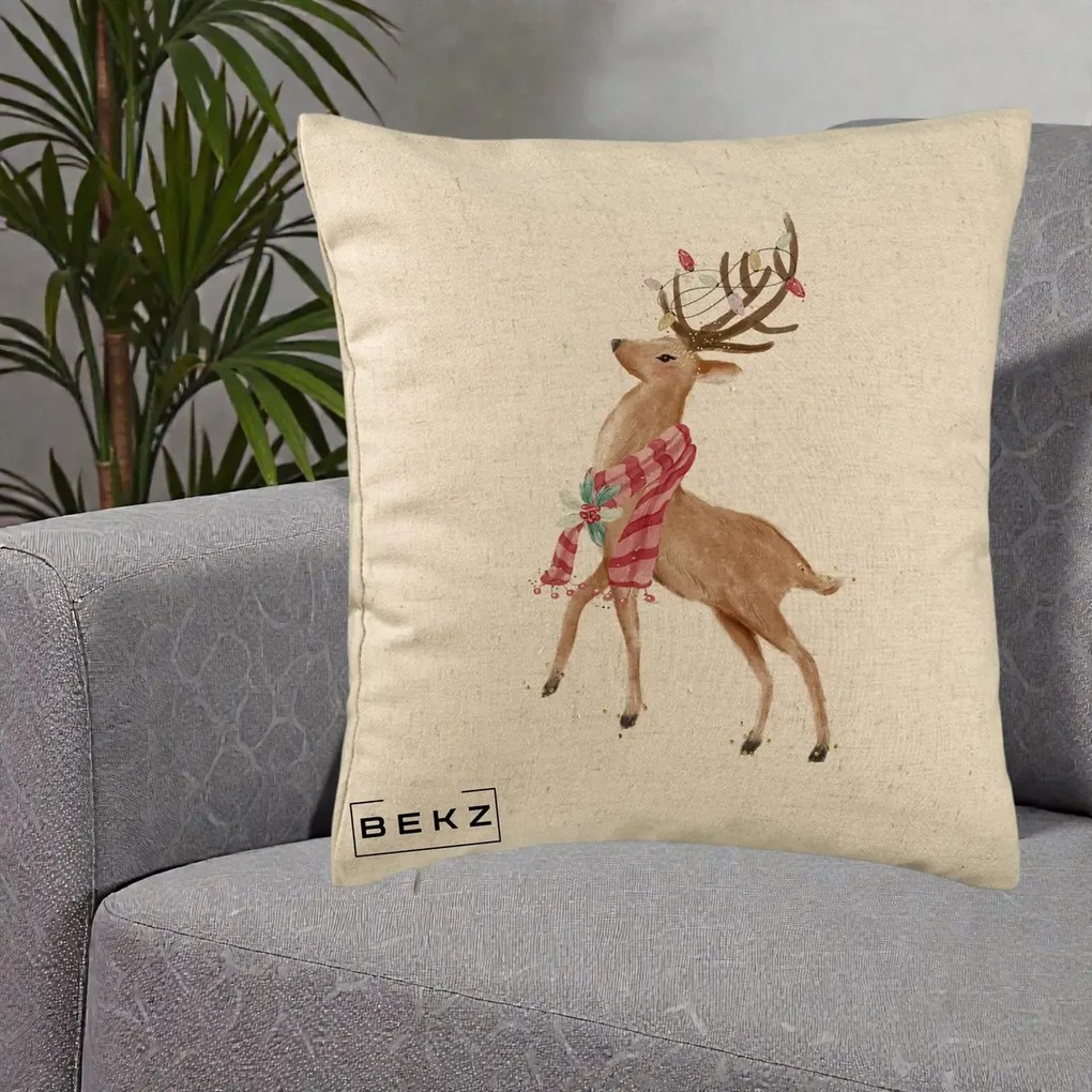Perna Decorativa Renita cu Fular si Luminite, 40x40 cm, Bej, Husa Detasabila, Perna Inclusa, BEKZ®