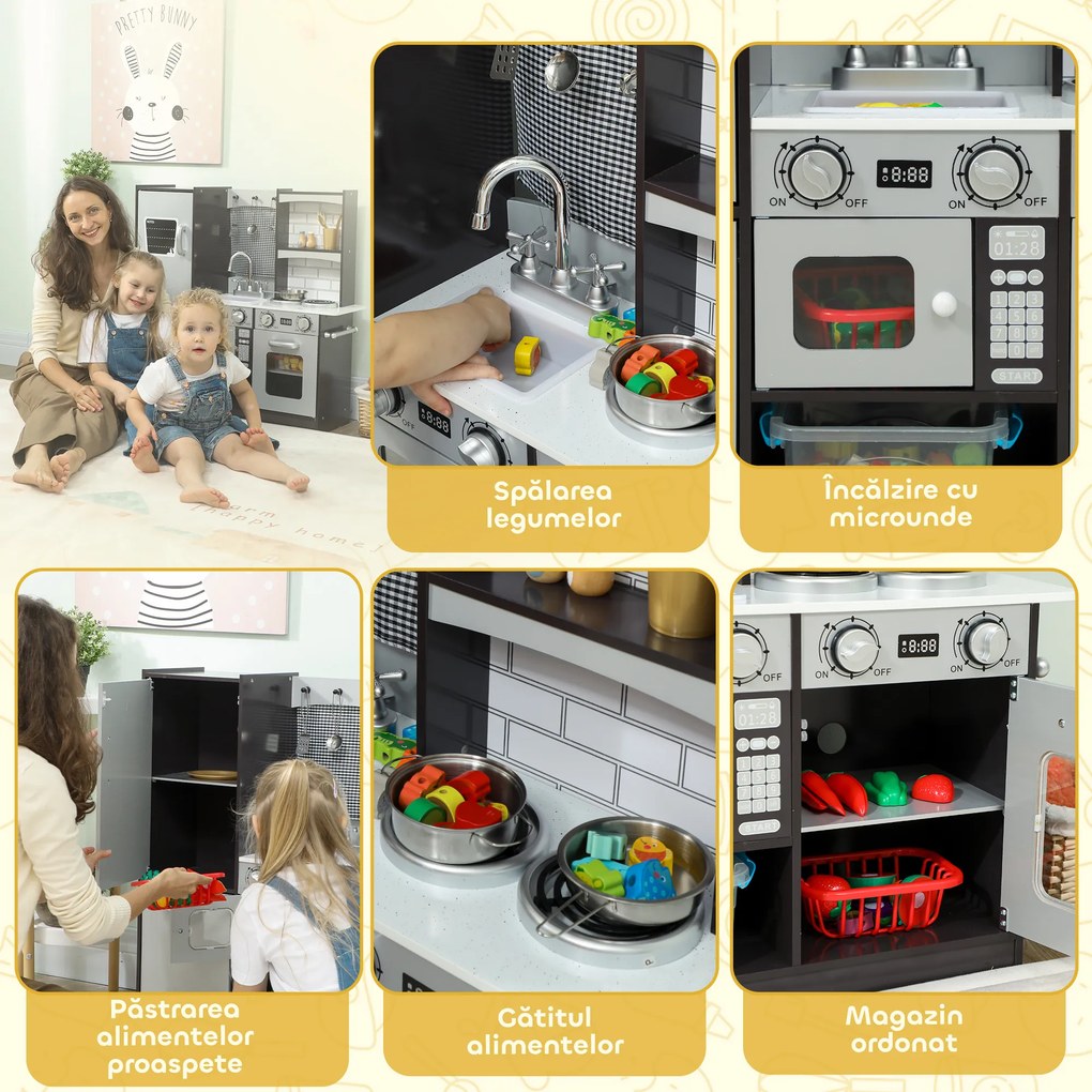 AIYAPLAY Bucătărie de Jucărie pentru Copii 3-8 Ani din Lemn cu Accesorii, Frigider, Chiuvetă și Buton cu Sunete, Maro | Aosom Romania