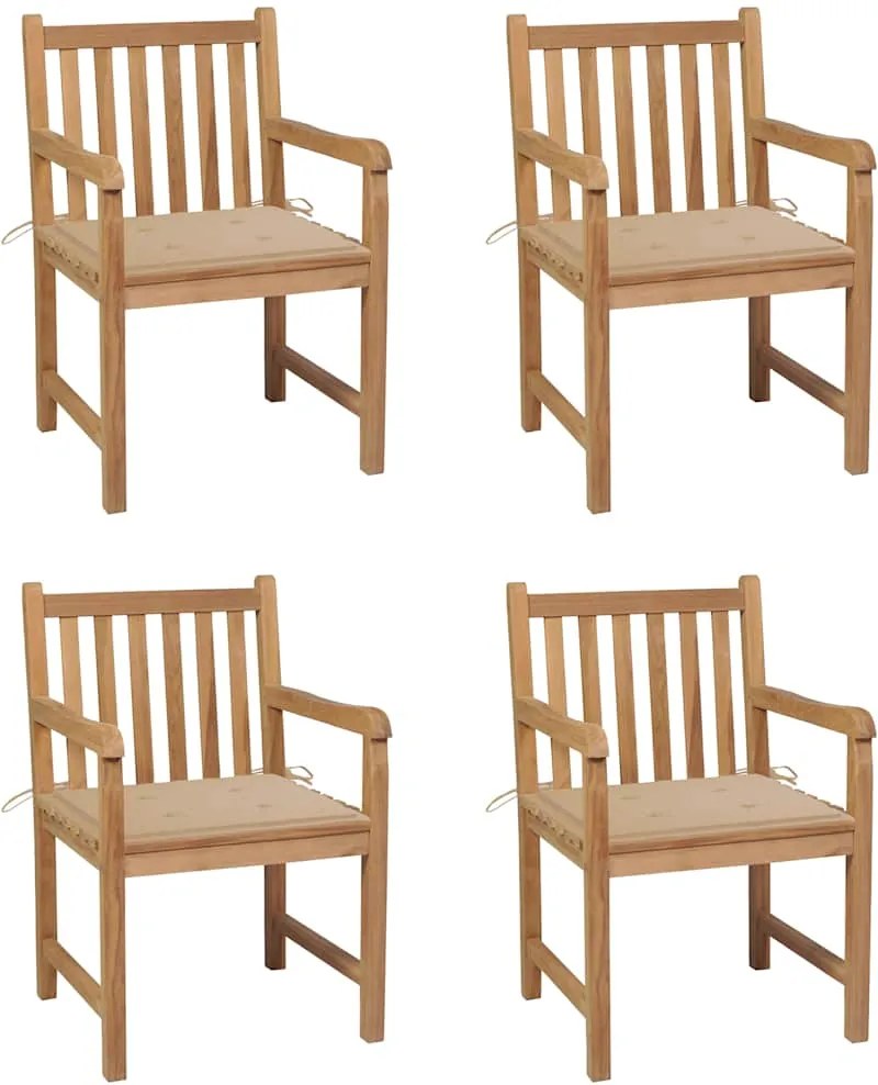vidaXL Scaune grădină, cu perne bej, 4 buc., lemn masiv de tec