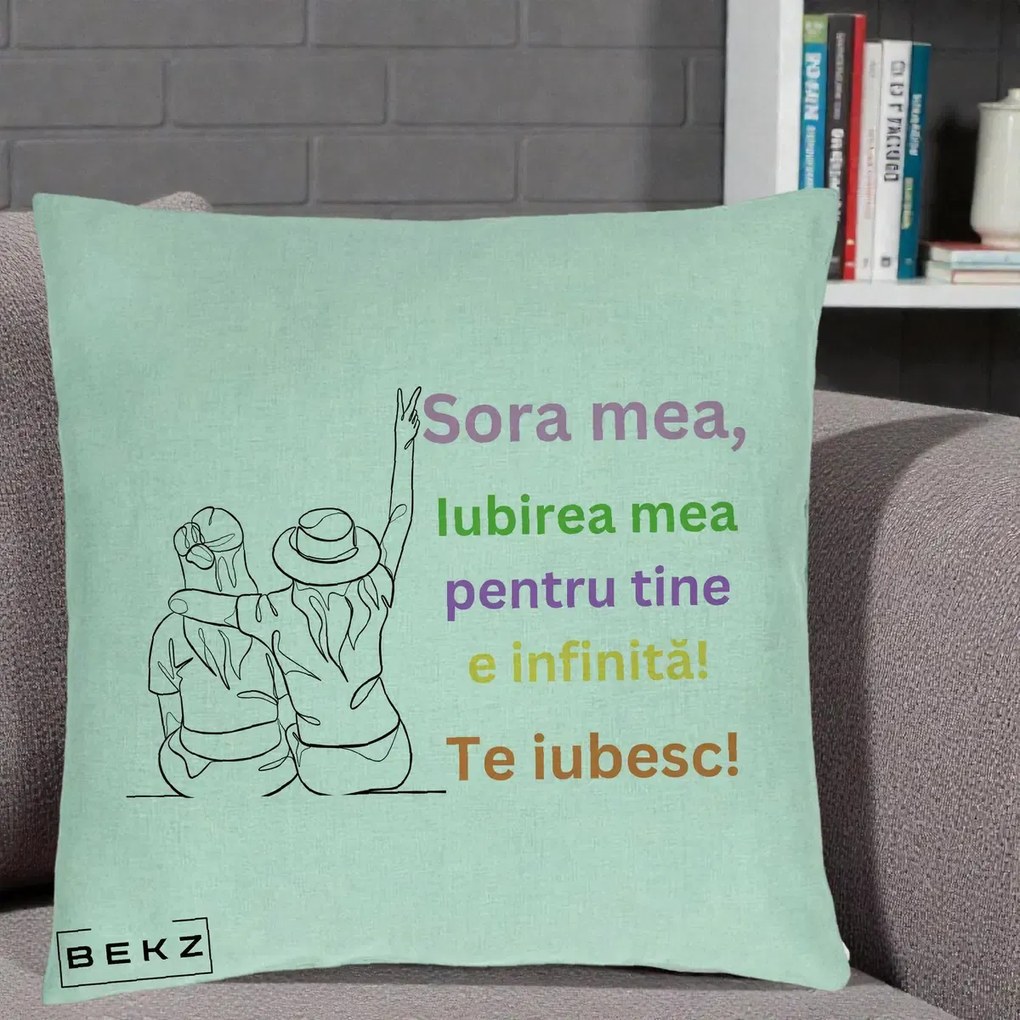 Cadou pentru Sora - Perna Personalizata Sora Mea Te Iubesc Doua Fete cu Palarie si Umbrela, 40x40 cm, Verde Menta, Husa Detasabila, Perna Inclusa, BEKZ®