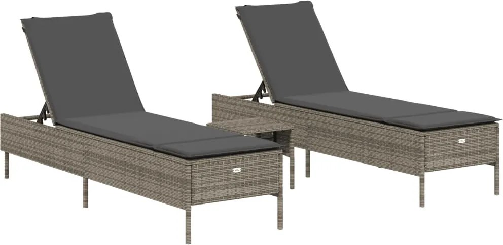 vidaXL Set de șezlonguri, 3 piese, cu pernă, poliratan gri