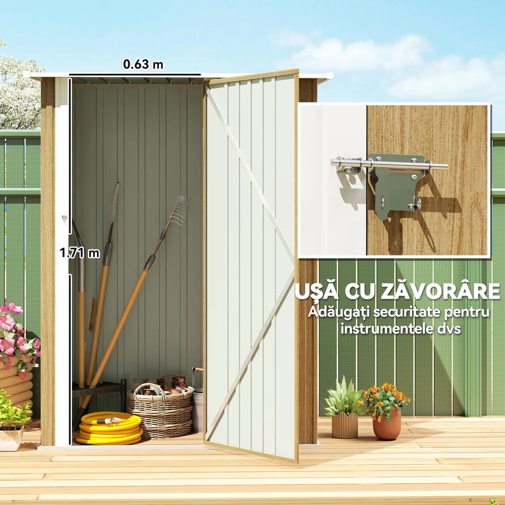 Outsunny Căsuță pentru Grădină 1.07m² din Oțel Galvanizat, Căsuță pentru Unelte cu Ușă Blocabilă, Acoperiș Înclinat, 142x86x189 cm, Imitatie Lemn | Aosom Romania