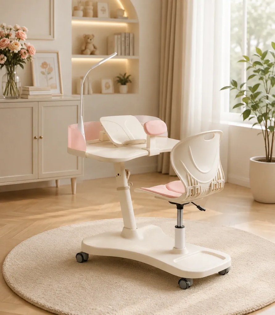 SmartStudy ErgoPro Kids – Set Birou și Scaun Ergonomic pentru Copii, Reglabile pe înălțime, cu Lampă LED Integrată, Suport Reglabil pentru Carte și Tabletă, Spătar Rabatabil, Roți Inteligente Gravity Lock, Roz