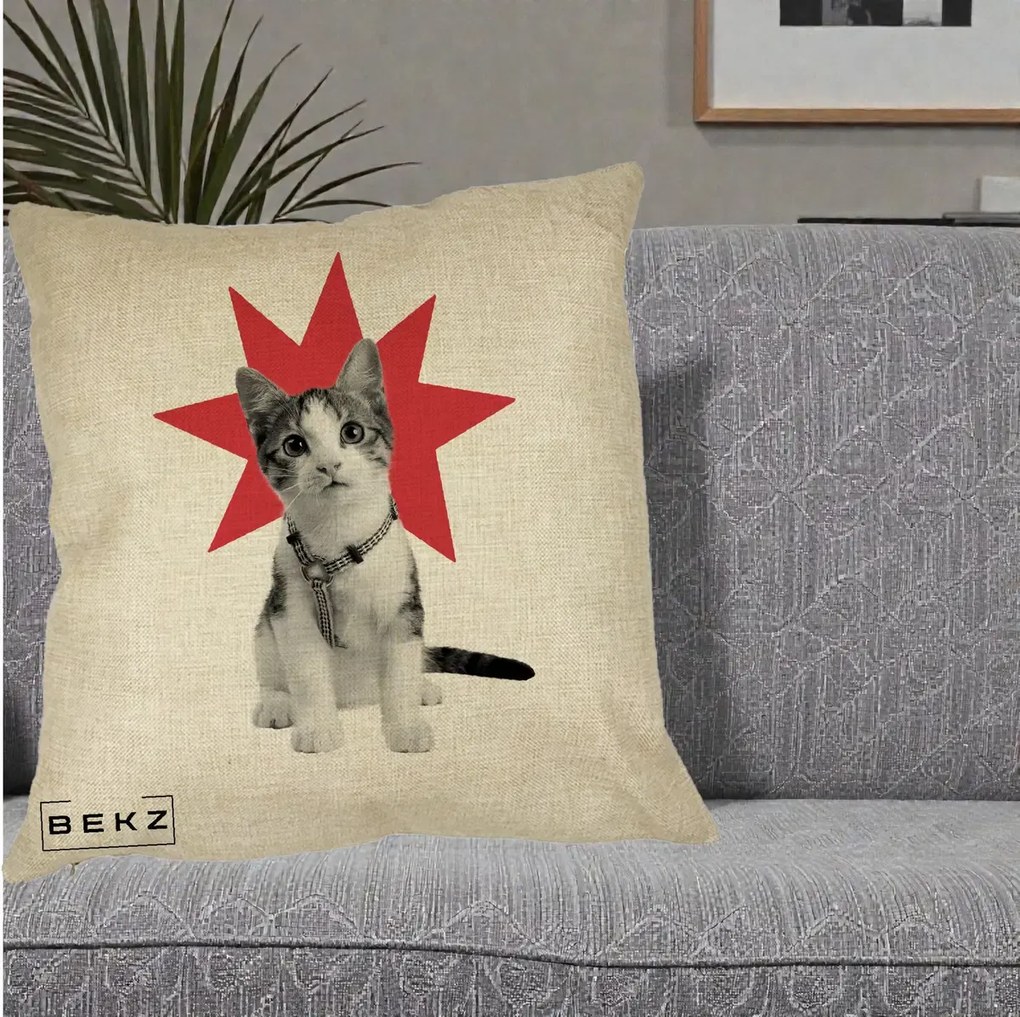 Perna Decorativa Pisica Star Pop Art, 40x40 cm, Crem, Husa Detasabila, Perna Inclusa, BEKZ®