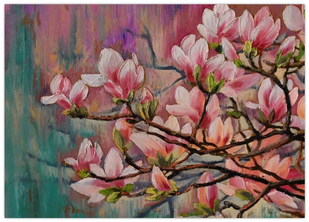 Tablou pe sticlă - Pictură în ulei, Sakura în floare (70x50 cm)